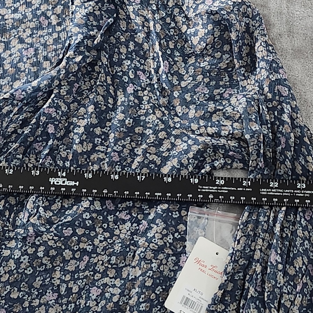 Lucky Brand Women XL Sheer‎ Peasant Blouse Ruffle Button Up Blue Floral NEW - Picture 11 of 16